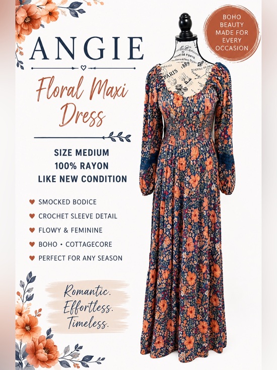 Angie Dresses & Skirts - Angie Floral Maxi Dress Medium Boho Cottagecore Smocked Crochet Sleeve 100%Rayon